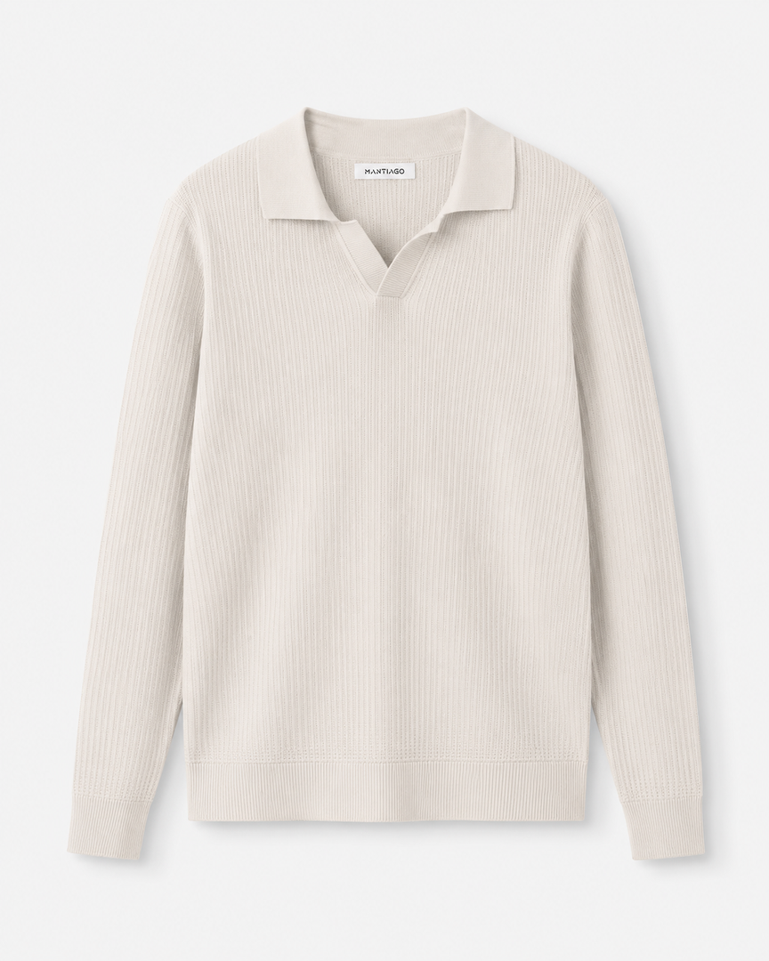 Cotton-blend ribbed polo sweater