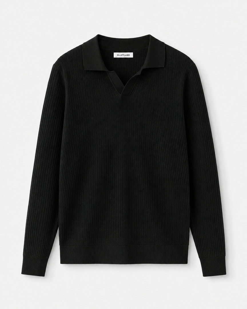 Cotton-blend ribbed polo sweater